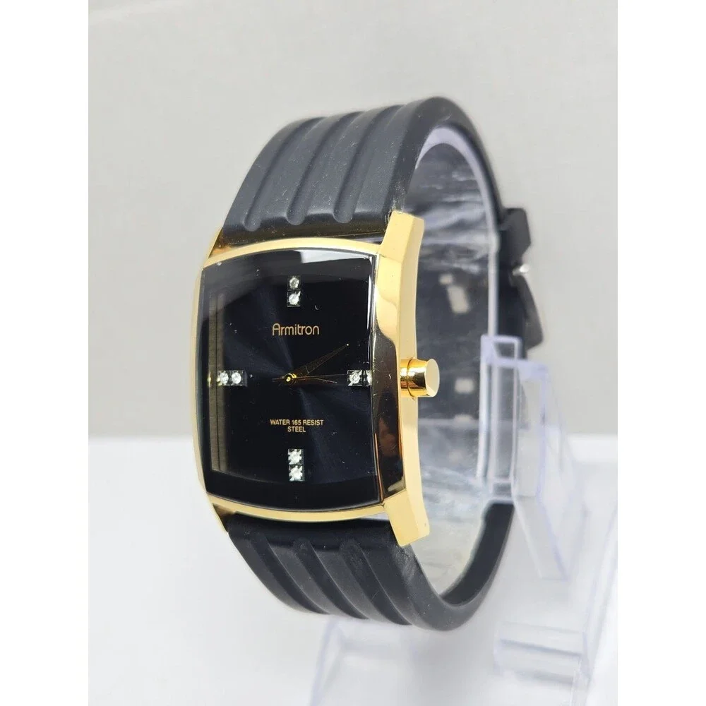 Mens Armitron Diamond 33mm Gold Tone Tank Black Silicon Quartz Watch New Battery